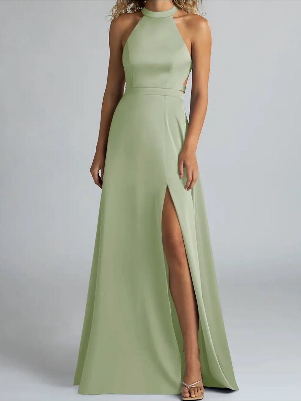 Azazie Dusty Sage Green Clarice Halter Bridesmaid Gown